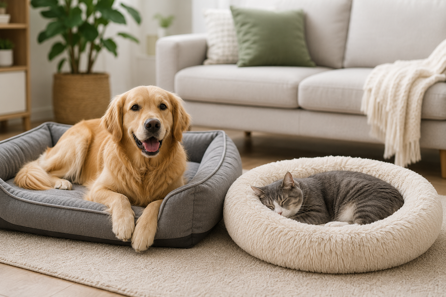 Golden Retriever dog and gray cat resting comfortably on soft pet beds in a bright, modern living room.