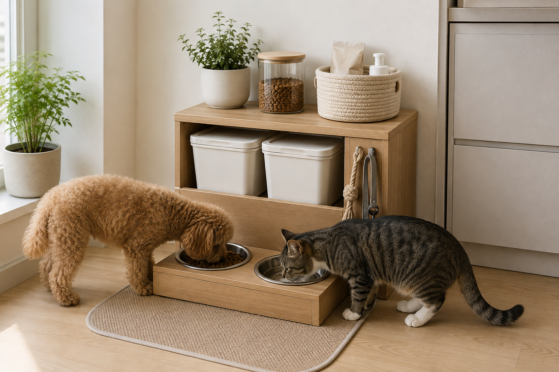 Space-saving pet feeding station with food bowls, storage containers, and feeding mat for dogs and cats in a small apartment