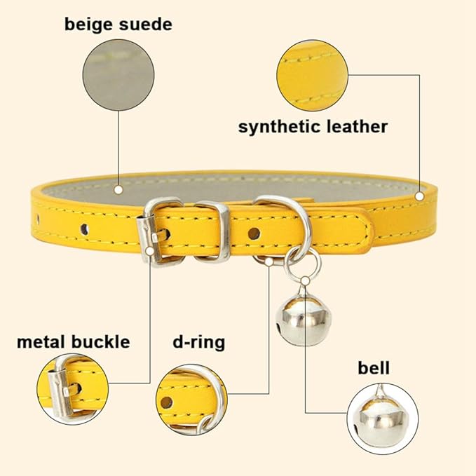 White XS Dog Collar with Bell, Soft Pu Leather Cat Collars Adjustable Buckle - Image 4