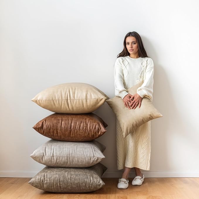 Leather Throw Pillow Covers Pack of 2 Brown, Modern Boho Thickened Floor - Image 5