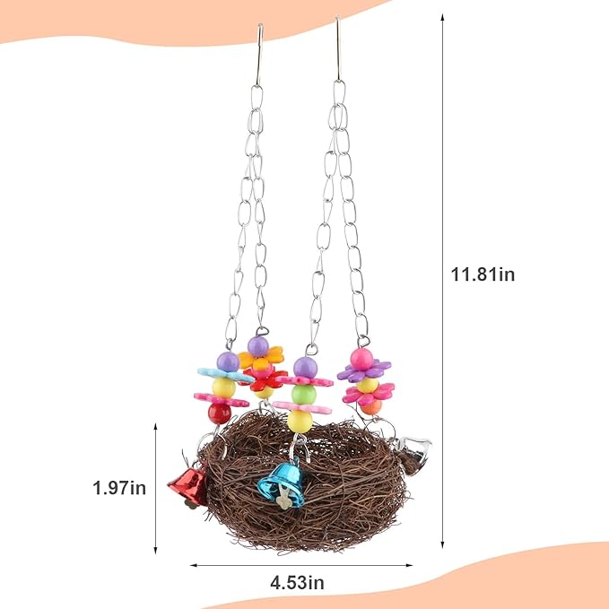 Hypeety Natural Rattan Nest Bird Swing Toy Colorful Flowers Bells - Image 2