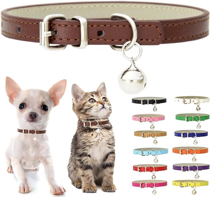 Brown Small Dog Collar with Bell, Soft Pu Leather Cat Collars Adjustable Buckle by Weimostar