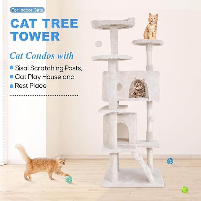 FDW | 54" Cat Tree Tower | Beige | Multi-Level Indoor Activity Center - Image 2