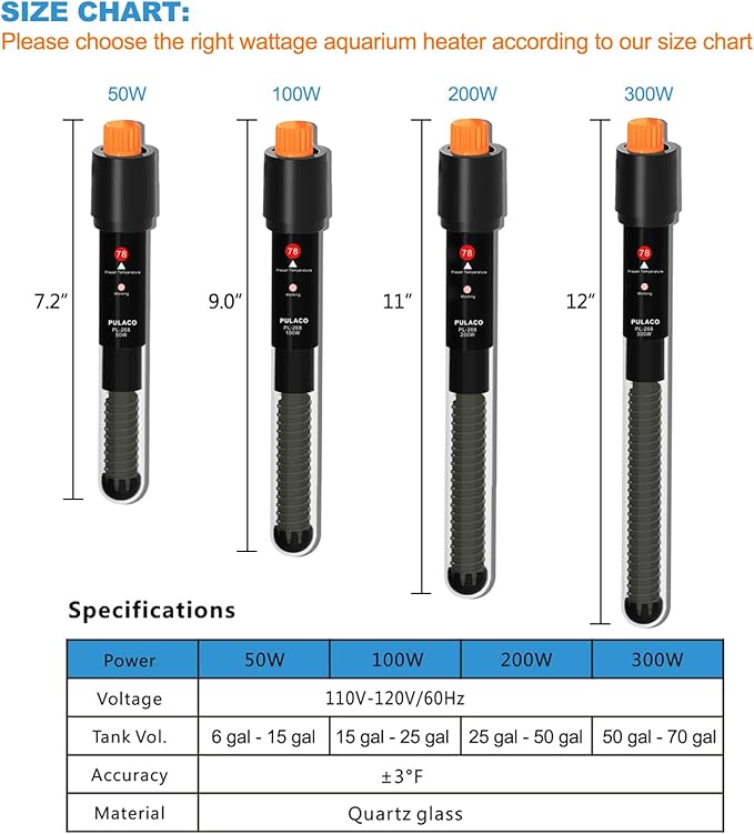 PULACO 50Watt Aquarium Heater for 6-15 Gallon Fish Tank, Adjustable Submersible - Image 2