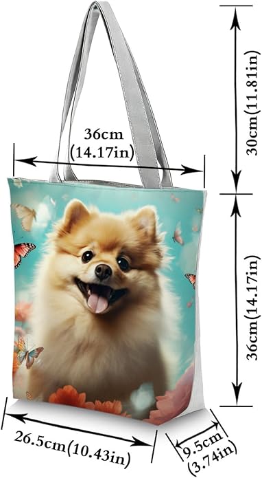 Cute Dog with Butterfly and Floral Design Tote Bag with Zipper Closure Outdoor - Image 4