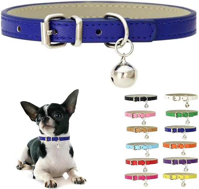 Dark Blue Puppy Collar with Bell, Soft Pu Leather Cat Collars Adjustable Buckle by Weimostar