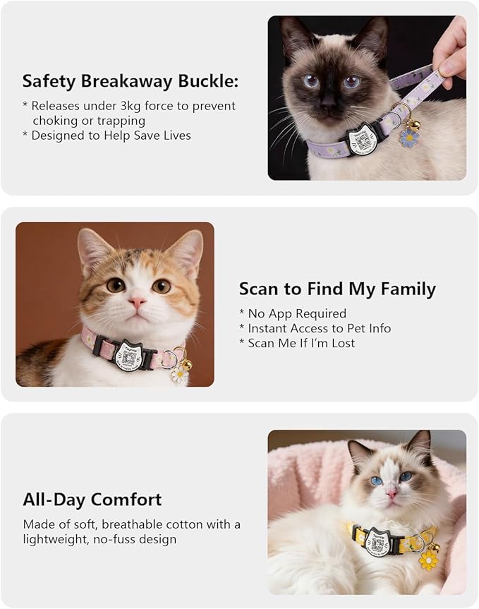 Breakaway Cat Collar with QR Code ID Tag, Adjustable Cotton Kitten Collar with - Image 5