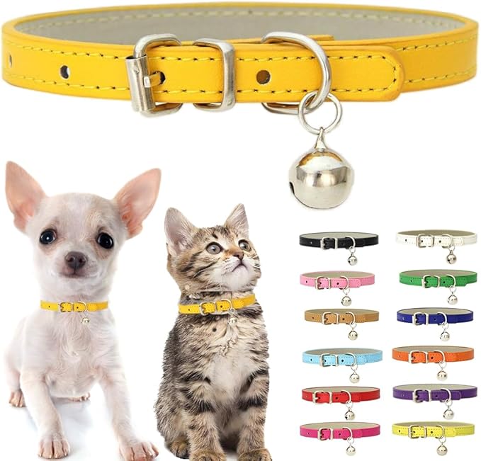 Gold XS Dog Collar with Bell, Soft Pu Leather Cat Collars Adjustable Buckle by Weimostar