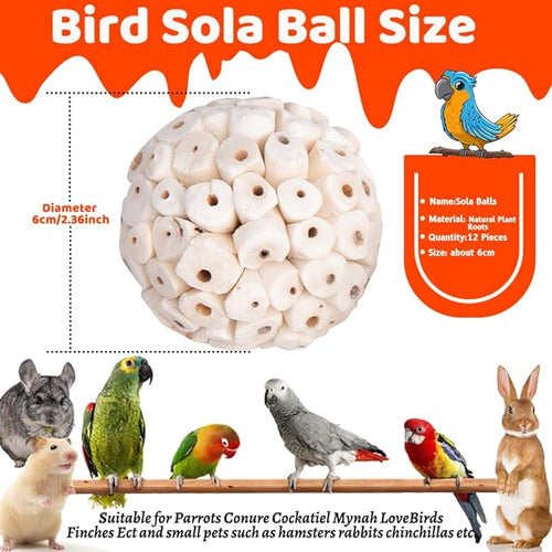 12 Pack Bird Toy Sola Balls, Natural Parrot Soft Chew Shredding & Foraging Toy - Image 2