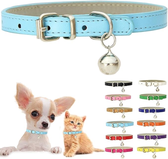Blue Puppy Collar with Bell, Soft Pu Leather Cat Collars Adjustable Buckle by Weimostar
