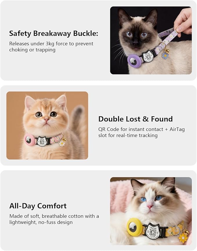Breakaway Cat Collar with QR Code ID & AirTag Holder, Adjustable Cotton Kitten - Image 4