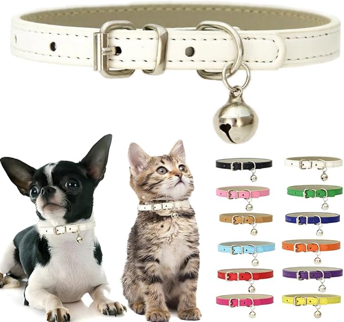White Cat Collar with Bell, Soft Pu Leather Small Dog Collars Adjustable Buckle by Weimostar