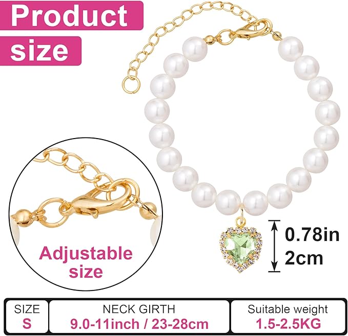 2pcs Cat Pearl Collar with Heart Pendant, Cute Pearl Pet Necklace in Small - Image 2