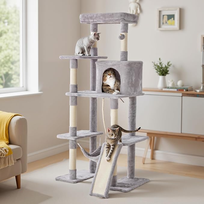 Large Cat Tree 63 Inch, Sisal Scratching Posts Board and Hammock, Pet Play House by Aidoly