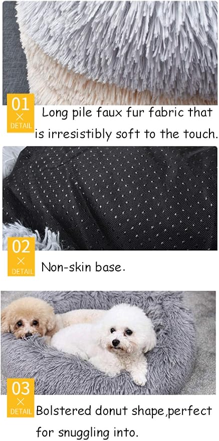 BODISEINT Faux Fur Dog Bed, Shag Round Anti-Anxiety Pet Calming Doughnut Cuddler - Image 5