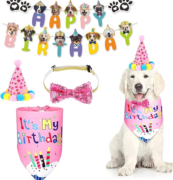 Dog Boy Birthday Party Outfits, Birthday Hat, Bow Tie, Happy Birthday Banner - Image 2