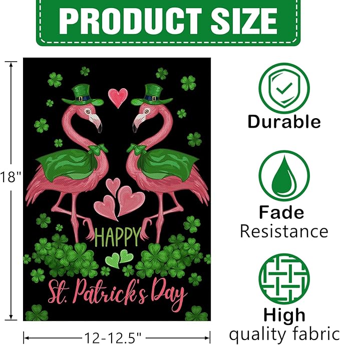 Dyrenson Happy St Patricks Day Flamingo Decorative Garden Flag, Lucky Shamrock - Image 2