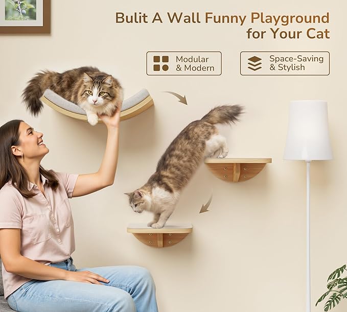 Cat Wall Shelf with Curved Hammock Bed, Wall Mounted Cat Perch with Beige Soft - Image 2