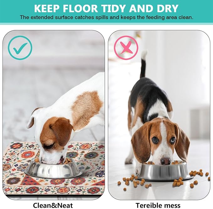 Moroccan Trellis Dog Food & Water Mat, Boho Colorful Vintage Pet Feeding Mat - Image 5