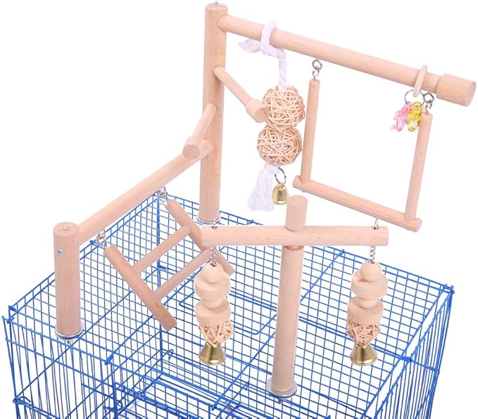 QBLEEV Bird Cage Play Stand Toy Set-Birdcage Wood Stands Hanging Chew Toys by QBLEEV