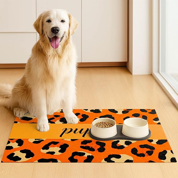 Puppy Feeding Mat 20x12 inch Orange Leopard Print Dog Bowl Placemat Non Slip Mat - Image 3