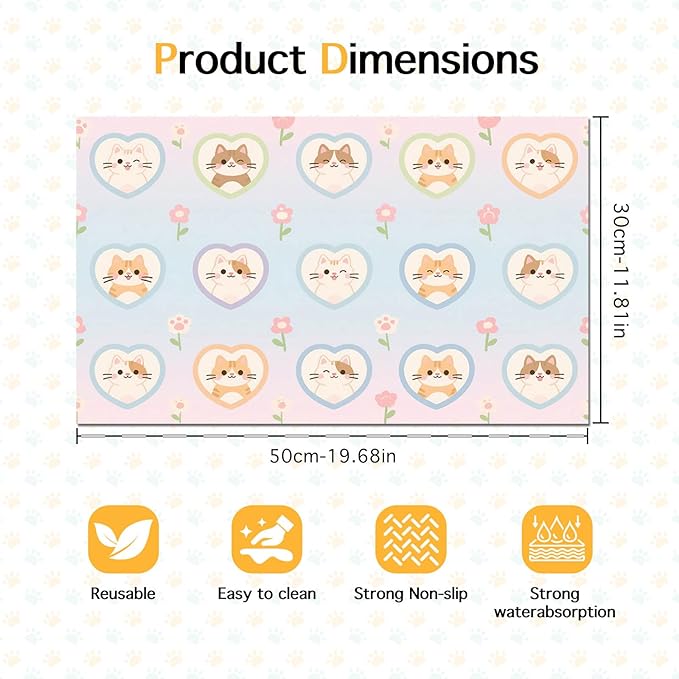 Cat Feedings Mats 20x12 inch Pastel Heart Kitten Print Pet Bowl Placemat Non - Image 6