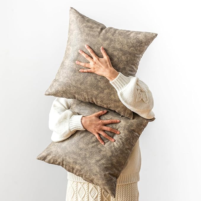 Neutral Decorative Faux Leather Pillow Covers, by GEGELICA