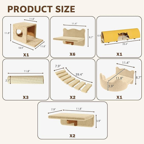 16-in-1 Cat Wall Shelves, Wall Mounted Cats Furniture Set w/Plush Fabric - Image 2