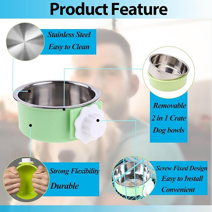 4 Pieces Crate Dog Bowl, Removable Stainless Steel Pet Kennel Hanging Food - Image 2