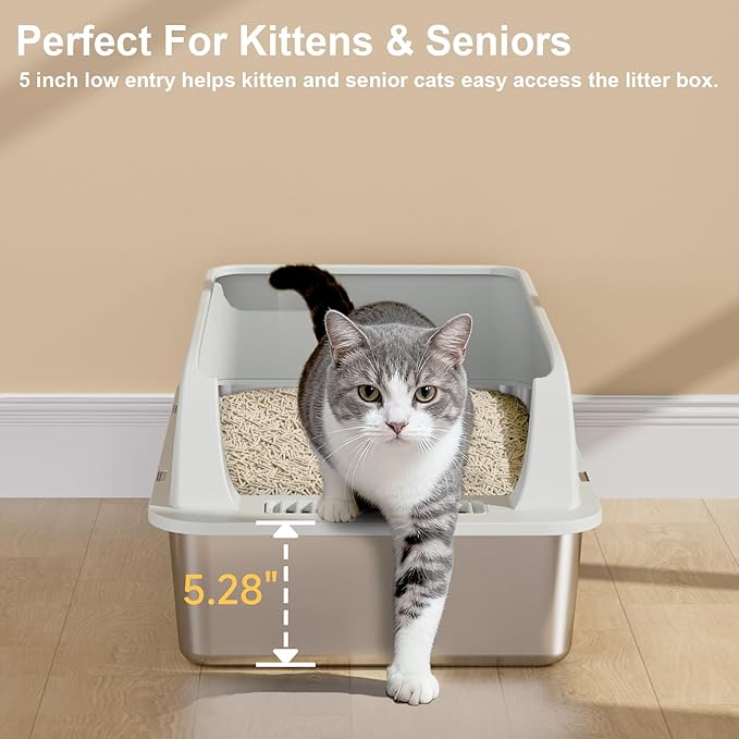 TENTIZON Large Stainless Steel Cat Litter Box, Open Top Metal Kitty Litter Tray - Image 6