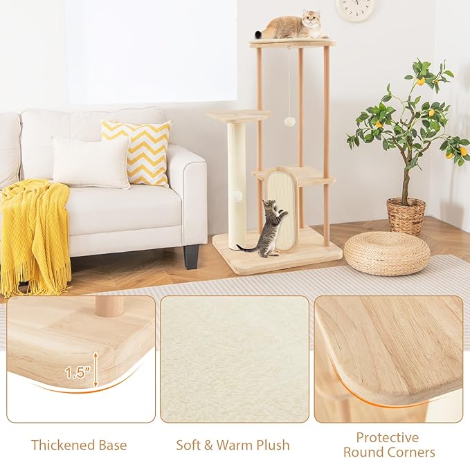 Tangkula Wood Cat Tree for Indoor Cats, Padded Perch, Hanging Toy, Minimalist - Image 8