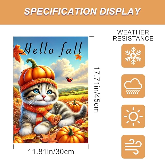 Hello Fall Garden Flag Cute Kitten Pumpkin Hat Scarf Flag 12x18 Inch Autumn Pet - Image 3
