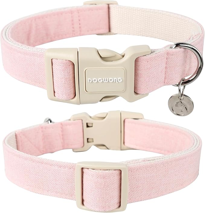 DOGWONG Cotton Hemp Pink Dog Collar Adjustable Soft Natural Fabric Pet Collar - Image 2