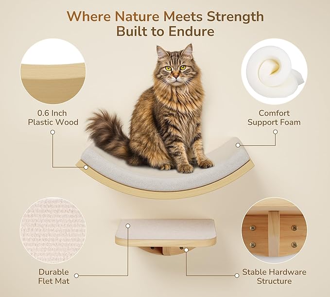 Cat Wall Shelf with Curved Hammock Bed, Wall Mounted Cat Perch with Beige Soft - Image 6