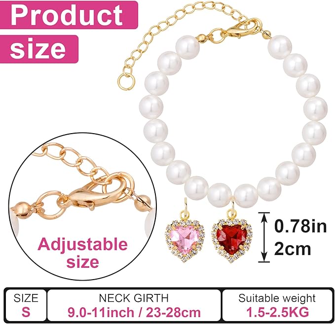 2pcs Cat Pearl Collar with Heart Pendant, Cute Pearl Pet Necklace in Small - Image 2