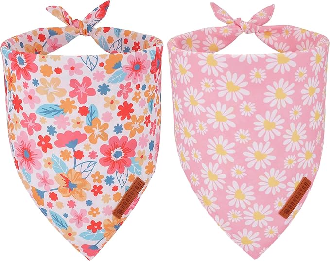 ADOGGYGO Floral Dog Bandana 2 Pack, Reversible Pink Daisy Pet Scarf Bib by ADOGGYGO