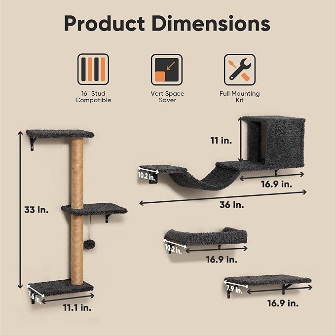 FUKUMARU Cat Wall Shelves, Stable & Safe 4 in 1 Cat Furniture Set, Wooden - Image 5