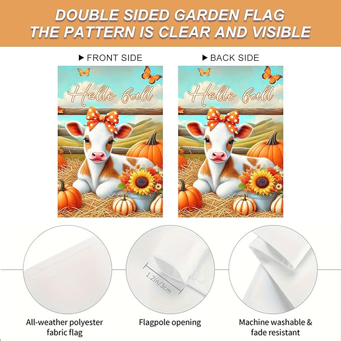 Hello Fall Garden Flag Cute Calf Cow Flag 12x18 Inch Polka Dot Bow Hay Pumpkins - Image 4