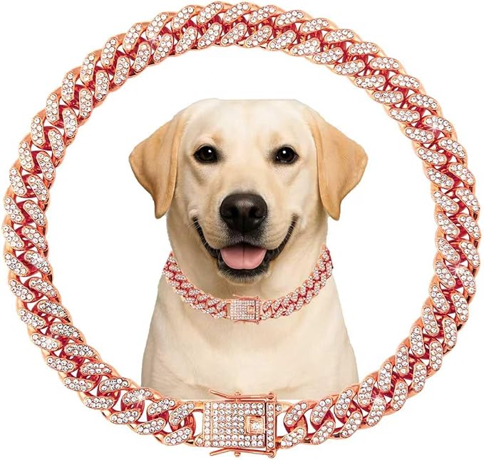 Cuban Link Cat Collar Rose Glod Crystal Dog Necklace Metal Chain Collar by Unknown