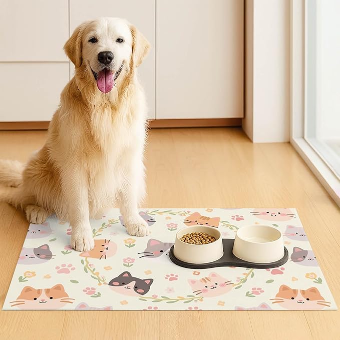 Cat Feedings Mats 20x12 inch Beige Cat Print Pet Bowl Placemat Non Slip Mat - Image 3