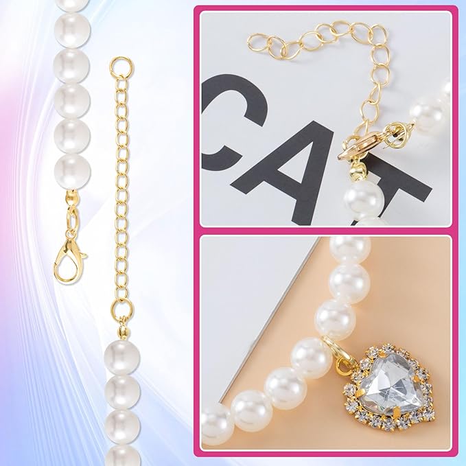 2pcs Cat Pearl Collar with Heart Pendant, Cute Pearl Pet Necklace in Small - Image 4