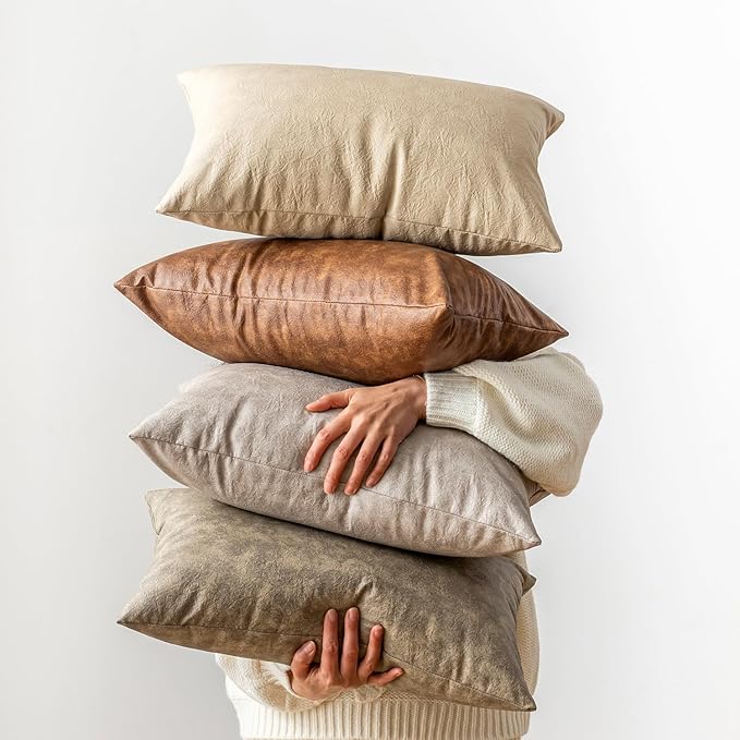Oversized Neutral Decorative Leather Pillow Cover Pack of 2, - Image 3
