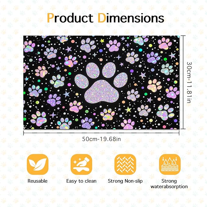Pet Feedings Mats 20x12 inch Glitter Paw Print Pet Bowl Placemat Non Slip Mat - Image 6