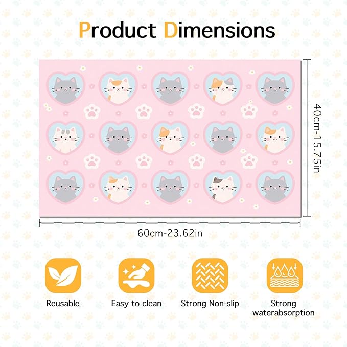 Cat Feeding Mat 24x16 inch Pink Heart Kitten Print Pet Bowl Placemat Non Slip - Image 6