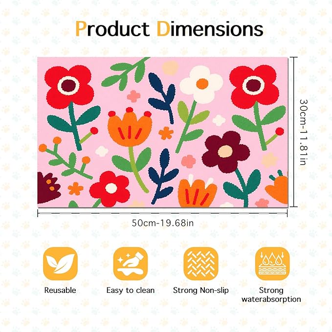 Pet Feedings Mats 20x12 inch Floral Print Pet Bowl Placemat Non Slip Mat - Image 6