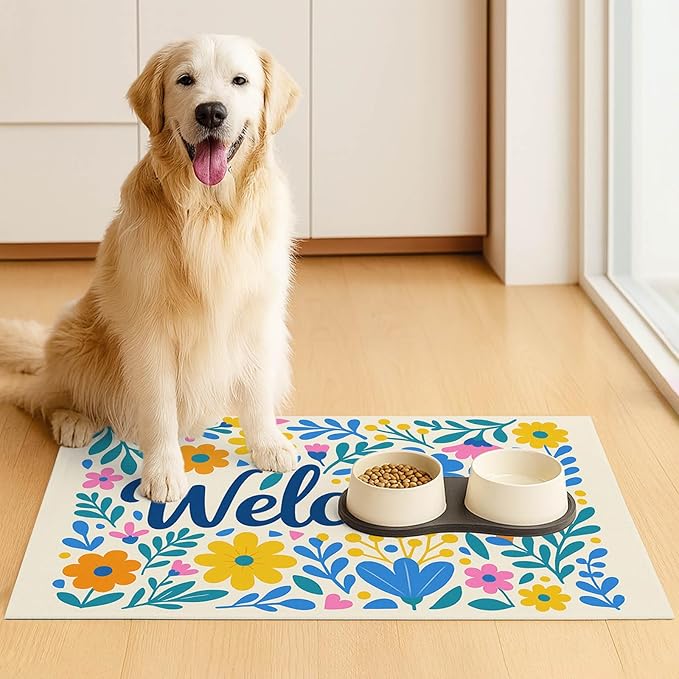 Daisy Flower Pet Food Mat 20" x 12" Welcome Sign Pet Feeding Mat Non Slip Mats - Image 3