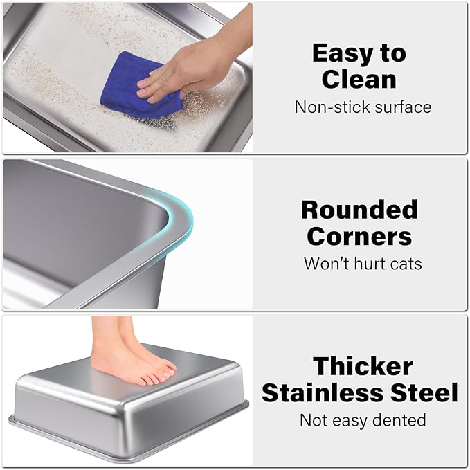Stainless Steel Litter Box, Metal Litter Boxes 17.7" x 13.7" x 4", Small Litter - Image 3