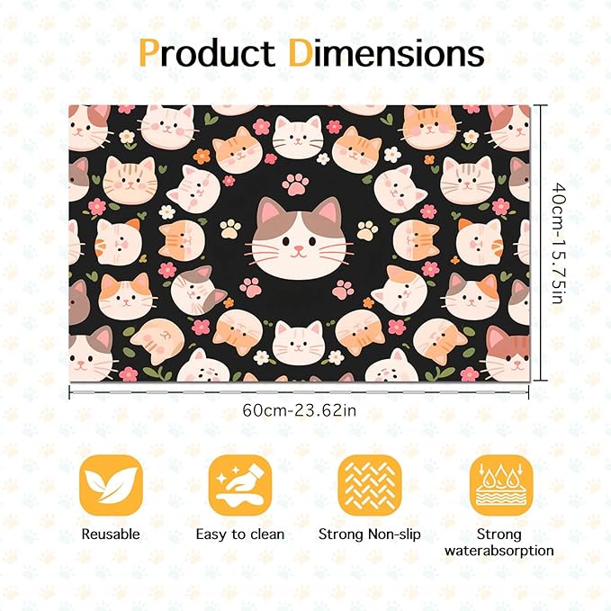 Cat Feeding Mat 24x16 inch Black Kitten Print Pet Bowl Placemat Non Slip Floor - Image 6
