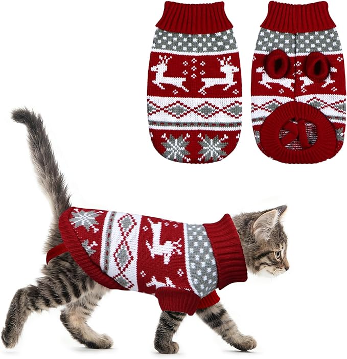 Cat Christmas Sweater Pet Winter Warm Coat Pajamas Reindeer Snowflake Knitwear by GOYOSWA