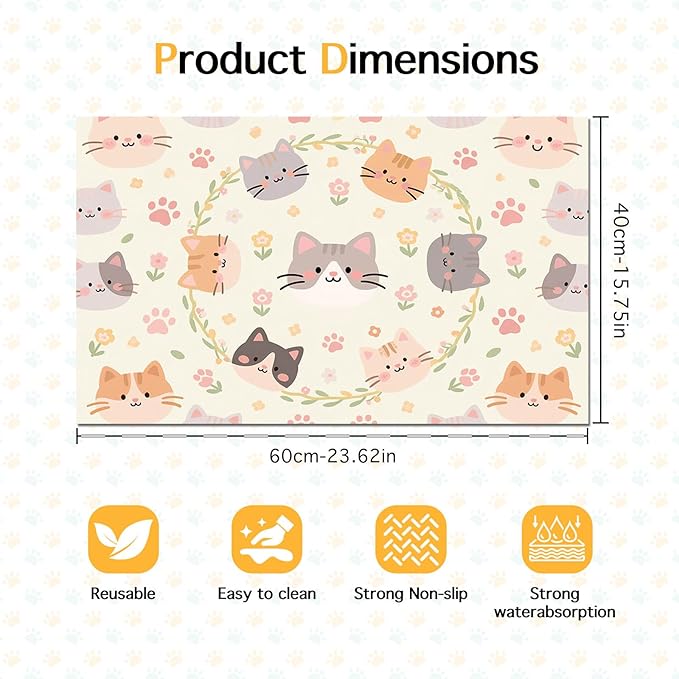 Cat Feeding Mat 24x16 inch Floral Ring Kitten Print Pet Bowl Placemat Non Slip - Image 6